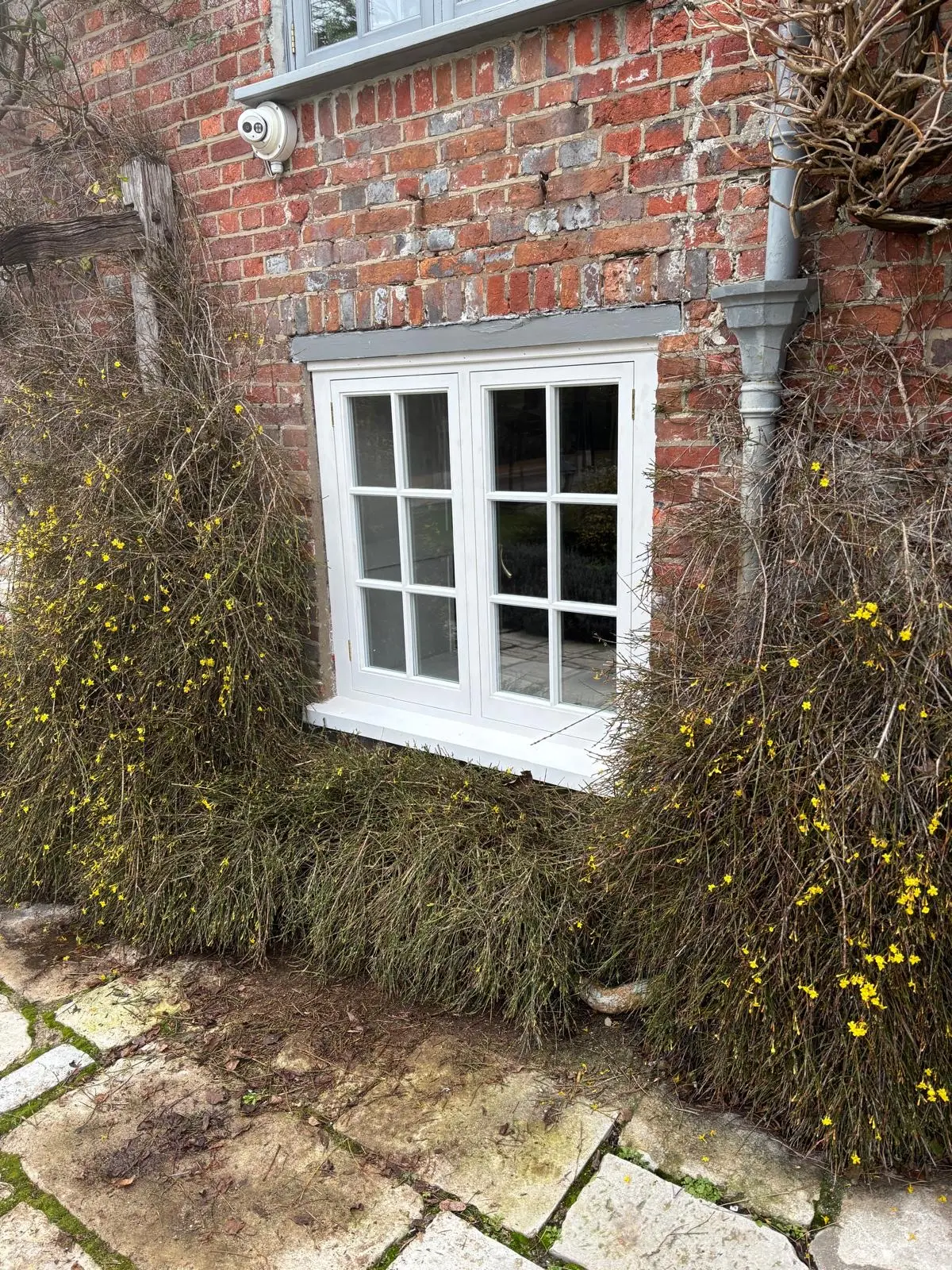 White-painted timber casement window with astragal bars in an old red-brick cottage wall